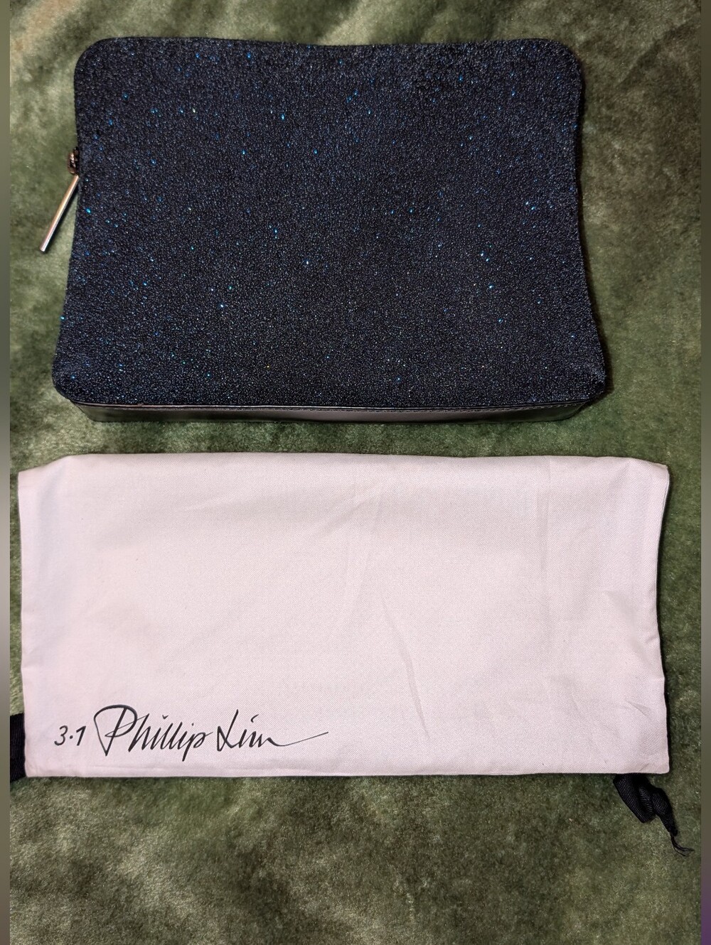 3.1 Phillip Lim Beaded Fabric And Leather Pouch Blue Black VGC